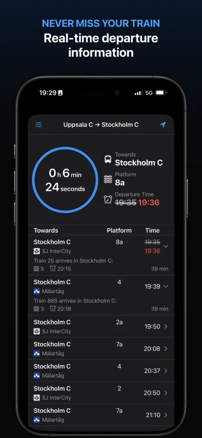 Train departure countdown with real-time platform info