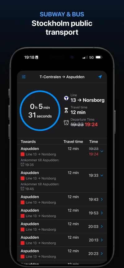 Stockholm subway departures with travel time